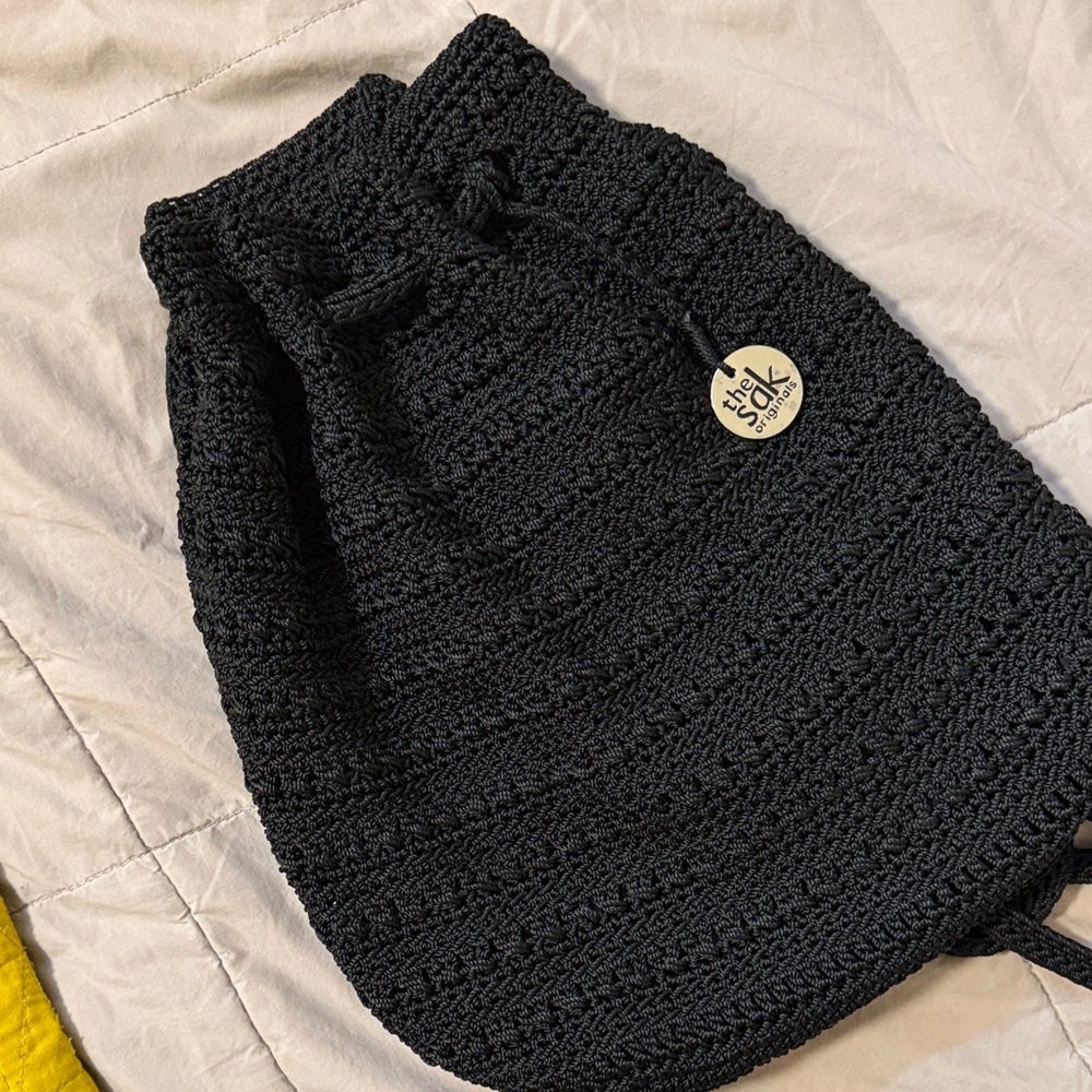 The Sak Black Crochet Drawstring Backpack Purse - Picture 4 of 5